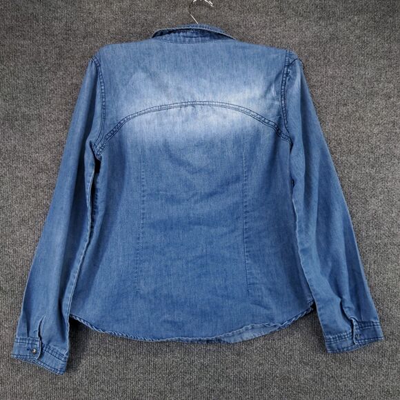 I Joah Denim Button Up Womens Medium Long Sleeve Blue Faux Pocket Polyester - Picture 5 of 12